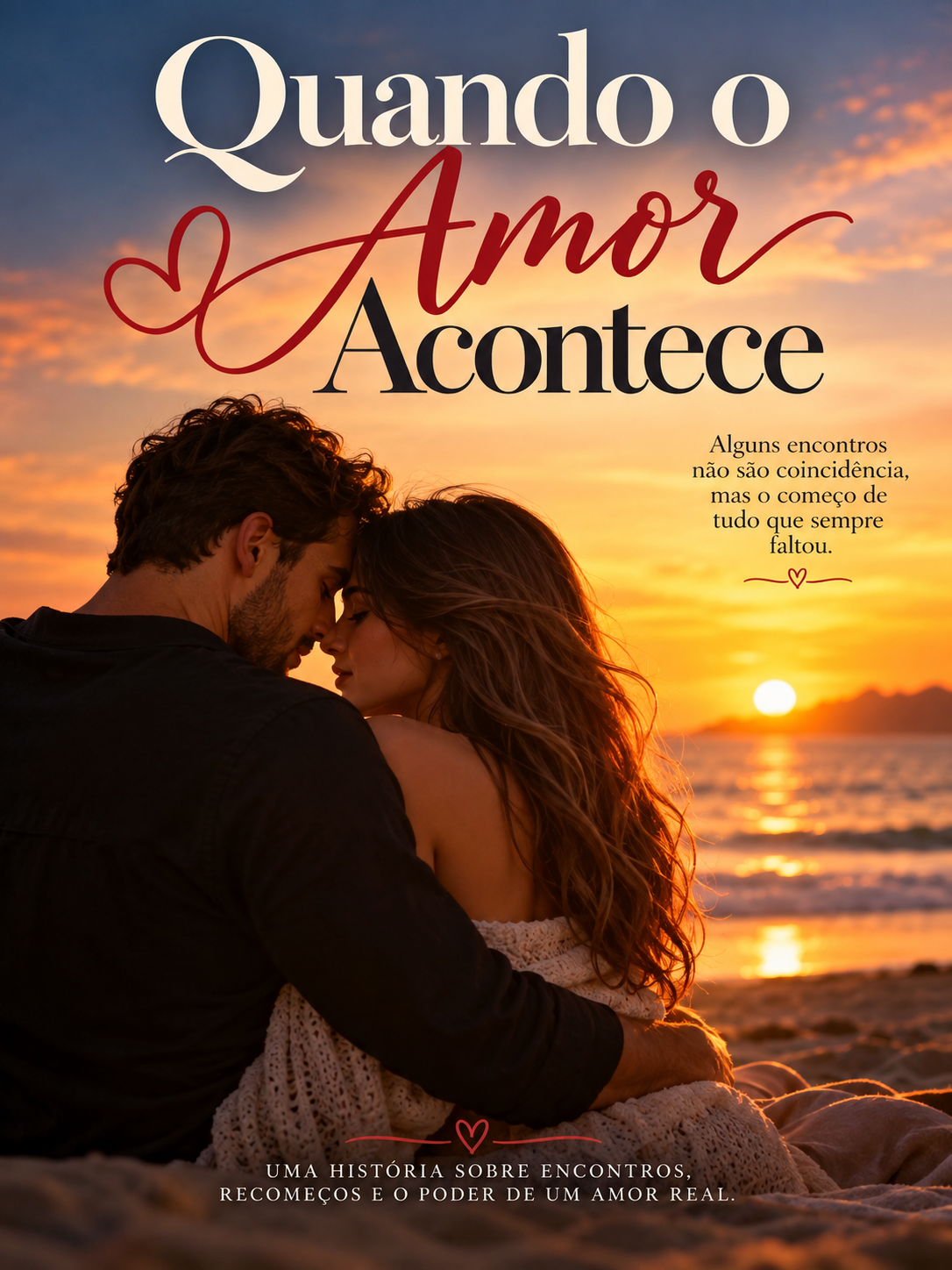 Capa do livro Quando o Amor Acontece: casal se abraçando na praia ao pôr do sol